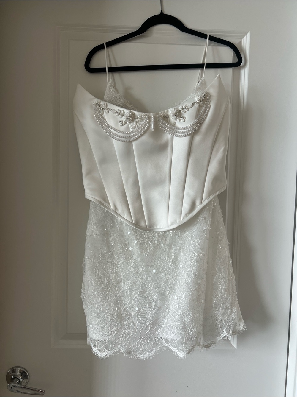 Rosie Etienne White Beaded Lace Mini Dress with Pearl Detail